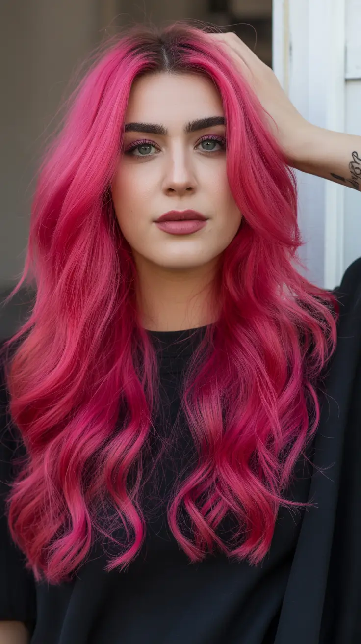 May Hair Color Ideas 2026 Vivid Raspberry Long Waves — Bold Statement Color for 2026