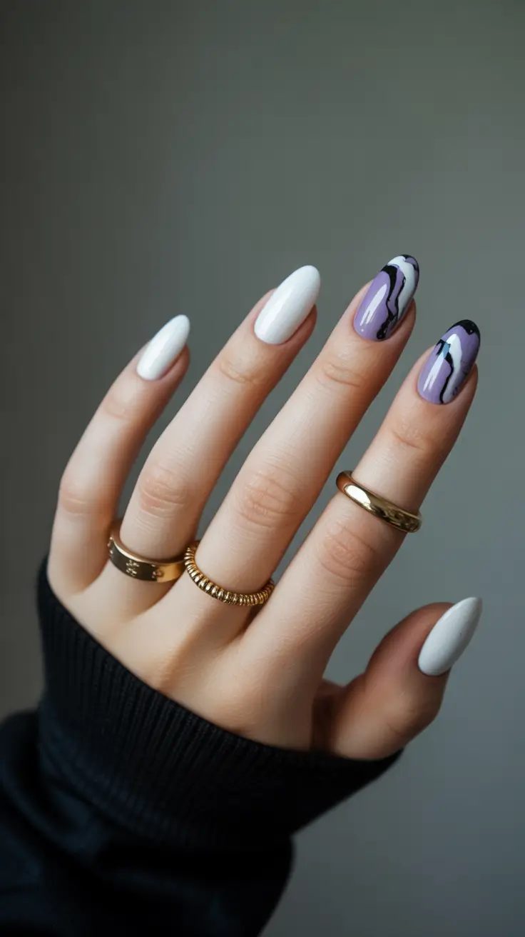 May Nails Ideas 2026 Milky White and Lavender Graphic Balance