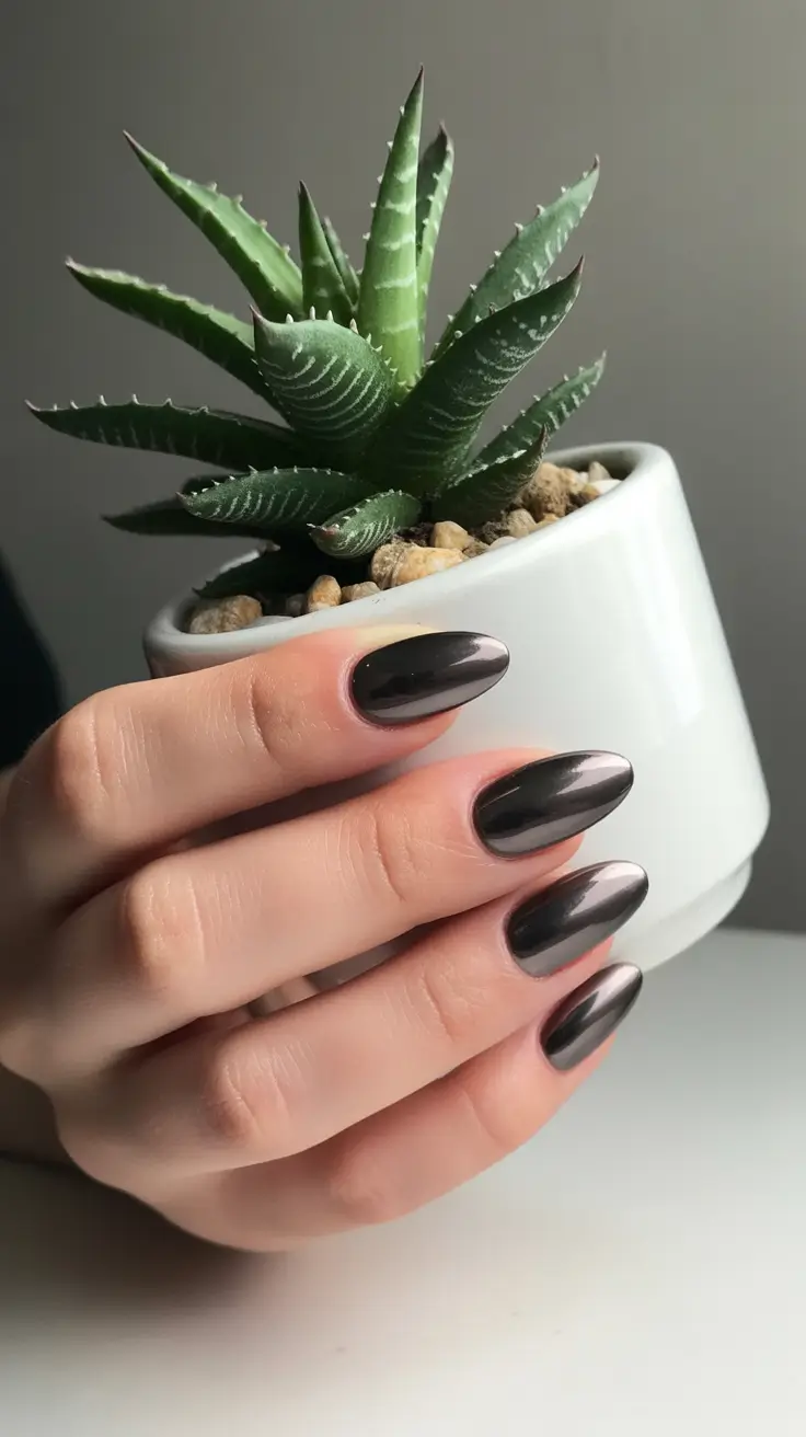 May Nails Ideas 2026 Glossy Charcoal Almond Drama