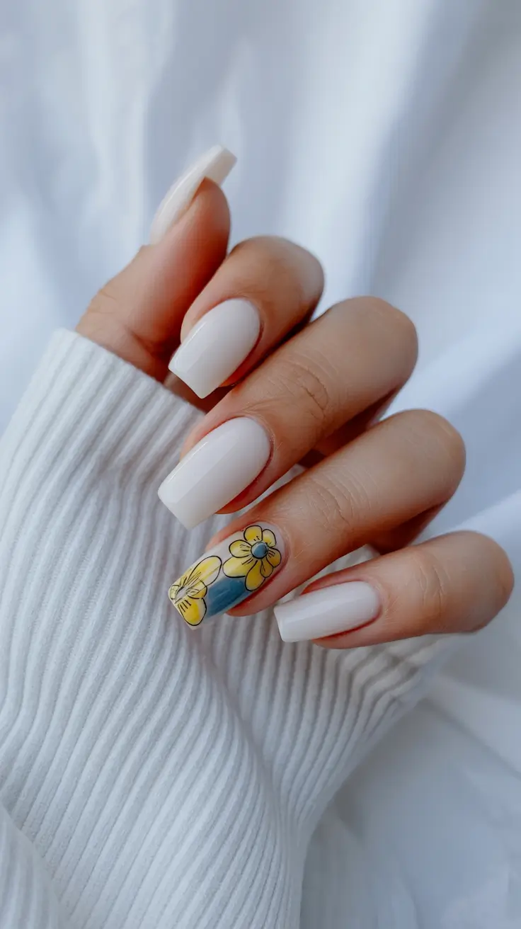 May Nails Ideas 2026 Milky White Floral Accent Calm