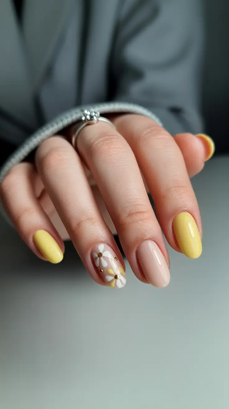 May Nails Ideas 2026 Sunny Daisy Almond Delight