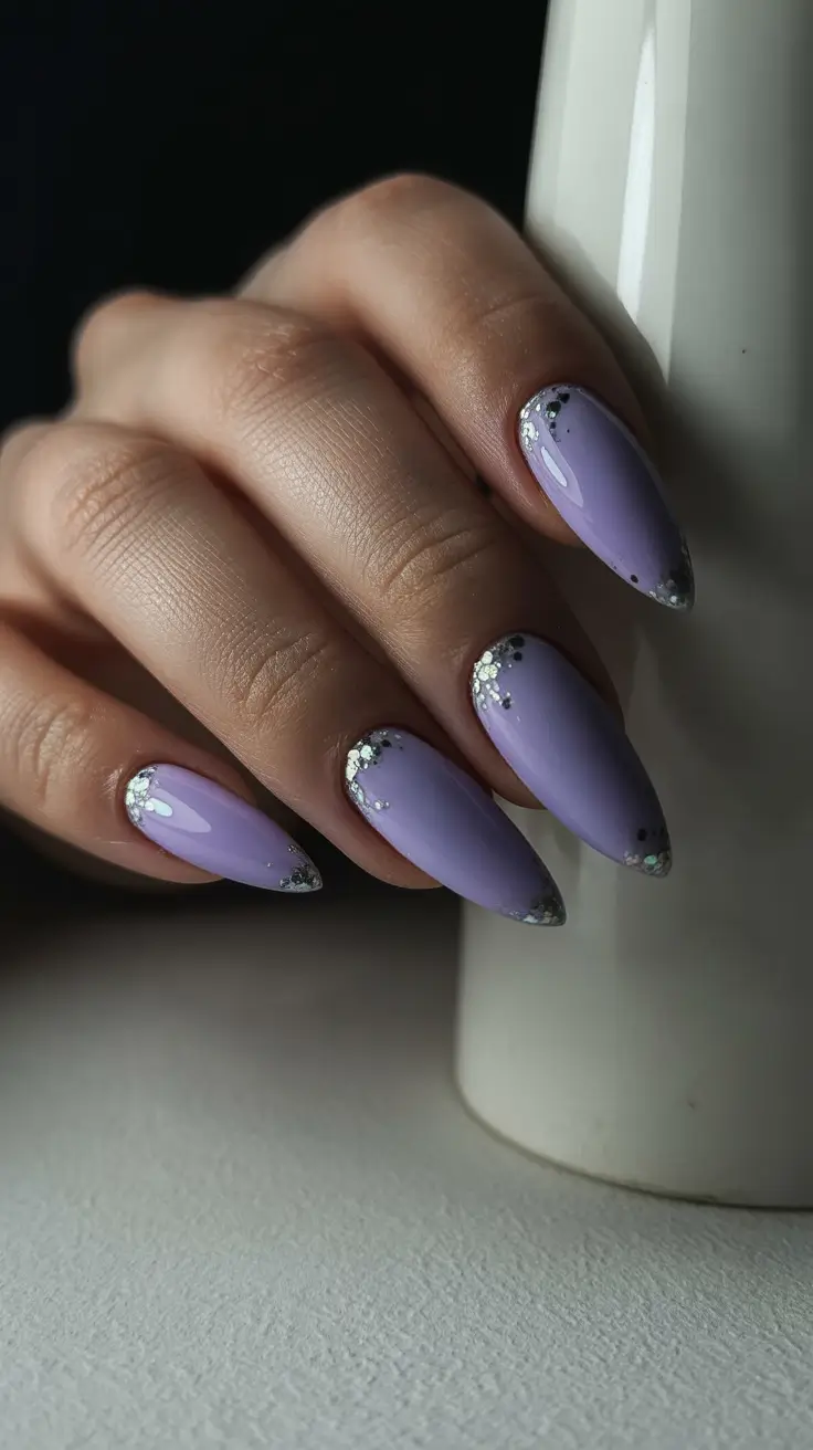 May Nails Ideas 2026 Lavender Glitter Stiletto Dream