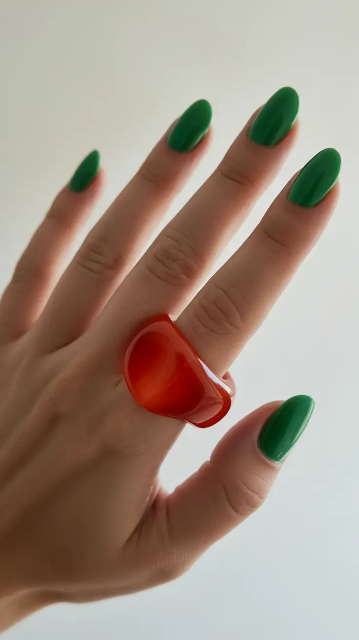 modern minimalist spring nails 2026 Glossy Emerald Almond With Bold Minimal Energy