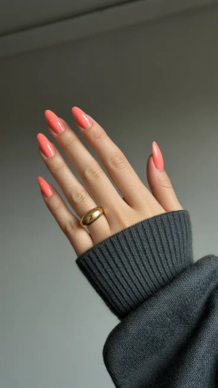 modern minimalist spring nails 2026 Coral Pink Almond With Glossy Spring Confidence