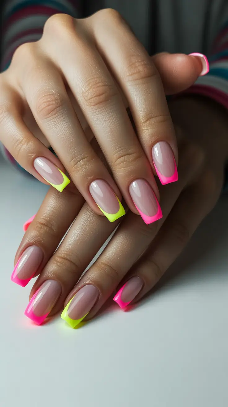 modern minimalist spring nails 2026 Neon Pink And Yellow Minimal French Square Playfulness