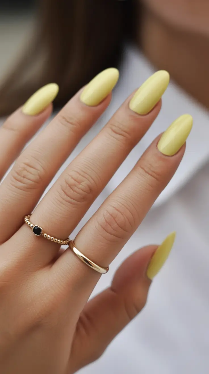 modern minimalist spring nails 2026 Soft Pastel Yellow Almond With Sunny Minimal Glow