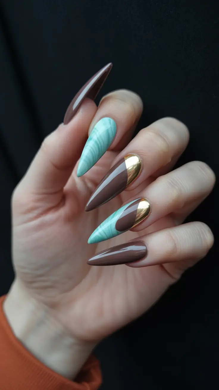 modern minimalist spring nails 2026 Mint And Chocolate Graphic Almond With Gold Accent