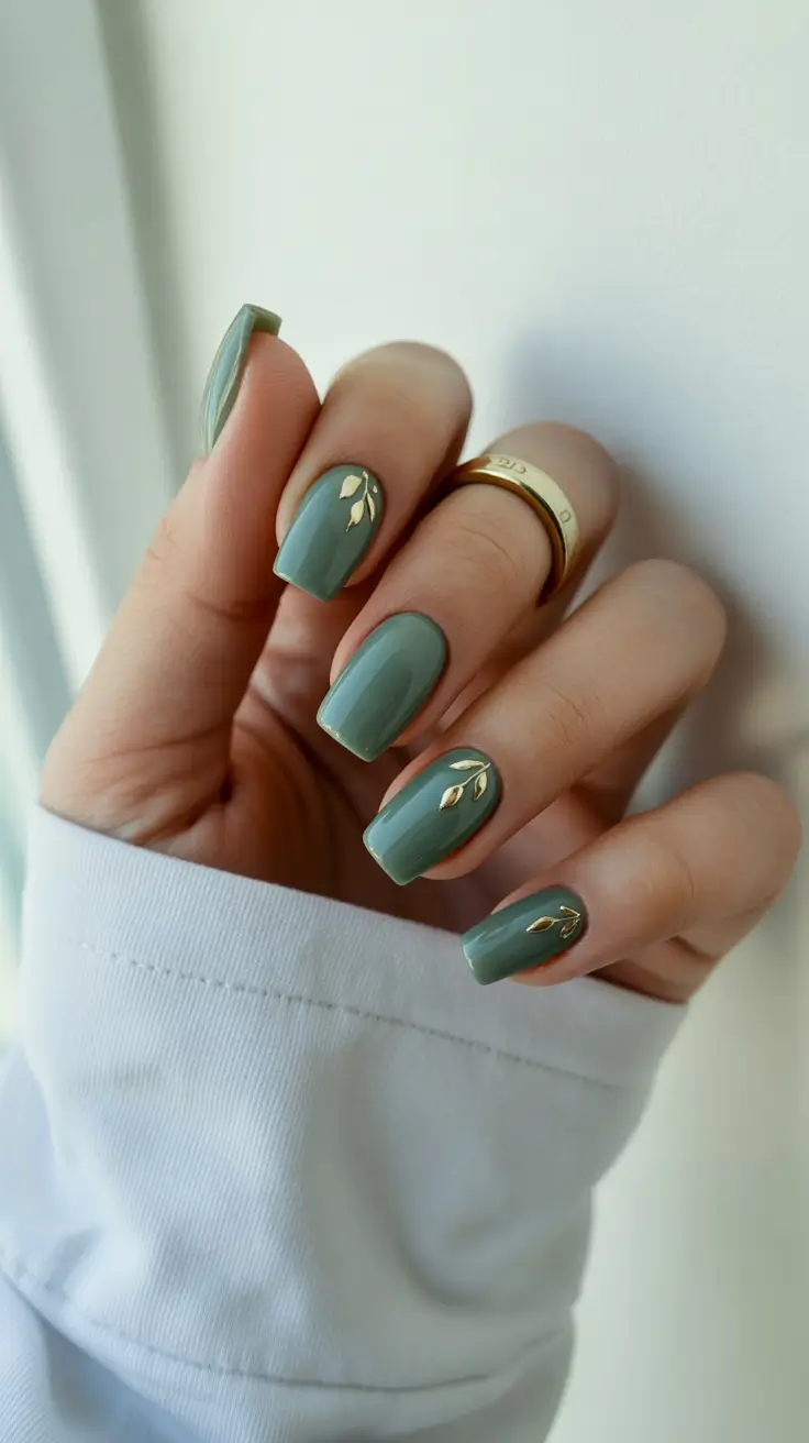 modern minimalist spring nails 2026 Soft Sage Square With Delicate Botanical Detail