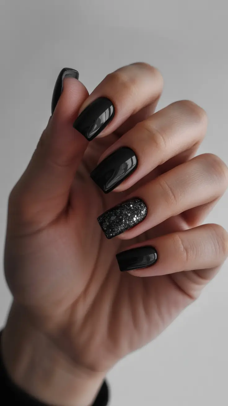 modern minimalist spring nails 2026 Glossy Black Minimal Square With Sparkle Accent Depth