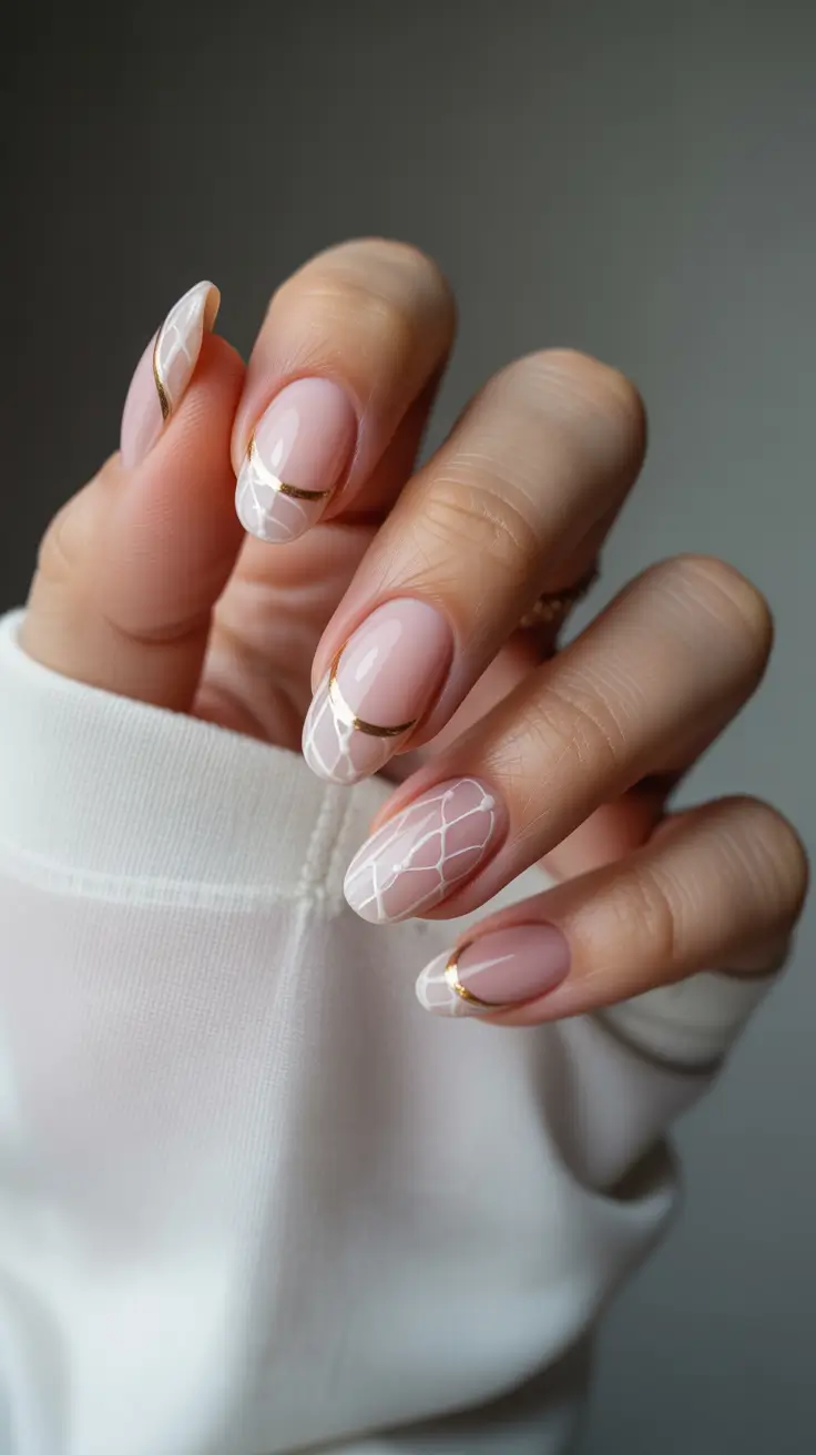 modern minimalist spring nails 2026 Elegant Nude Almond With White Lace Minimal Art