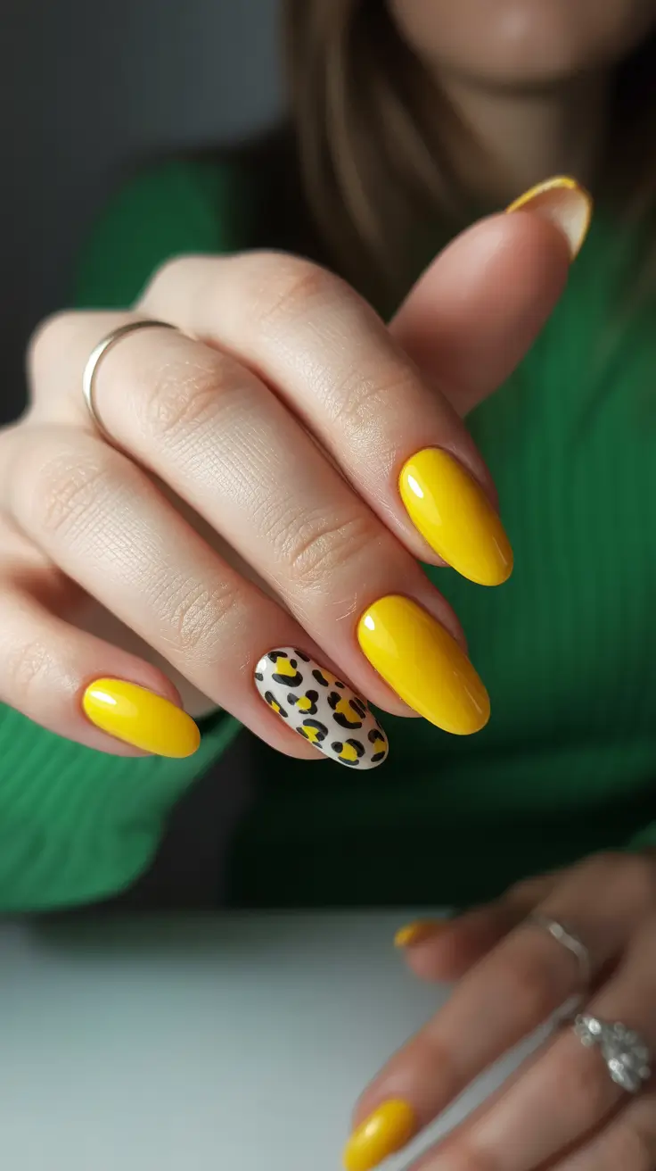 modern minimalist spring nails 2026 Sunny Yellow Almond With Playful Leopard Accent