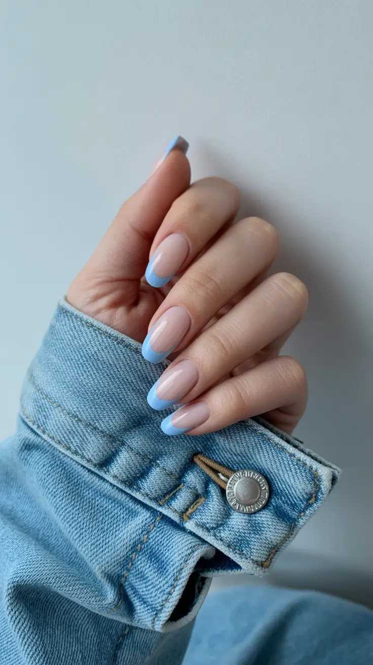 modern minimalist spring nails 2026 Airy Pastel Blue French Tip Almond Freshness