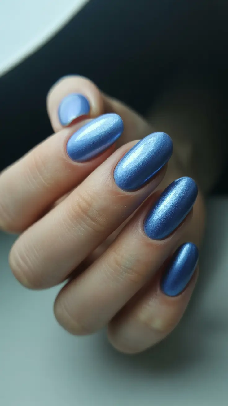 modern minimalist spring nails 2026 Metallic Blue Chrome Almond With Futuristic Shine