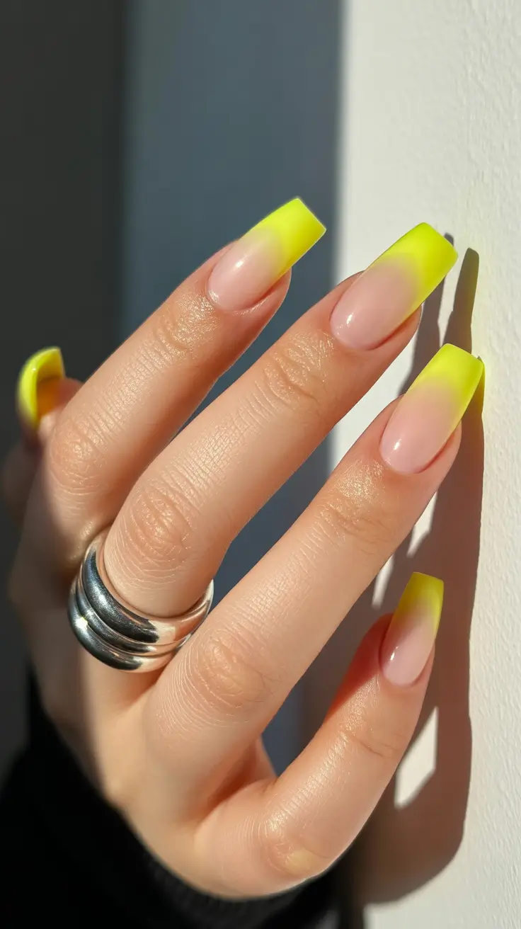 modern minimalist spring nails 2026 Neon Yellow Square French With Spring Lightness