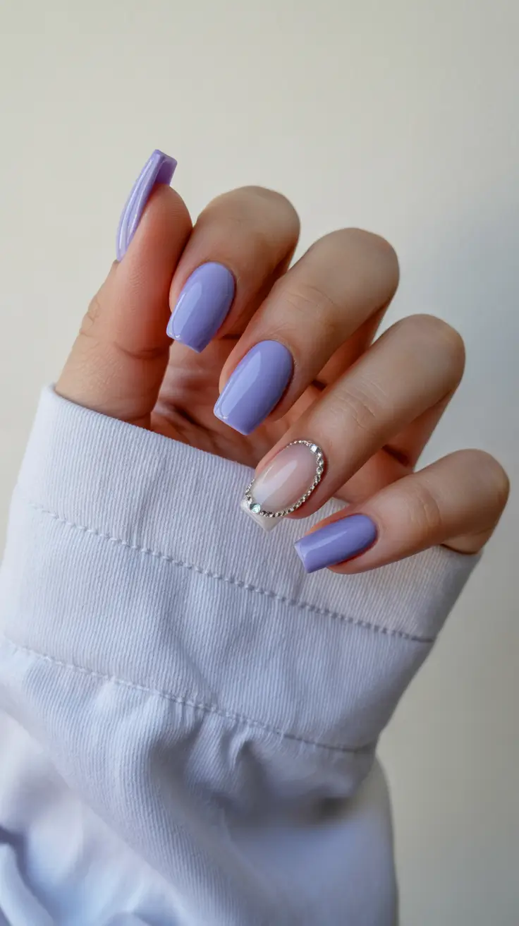 modern minimalist spring nails 2026 Soft Lavender Square With Minimal Crystal Accent