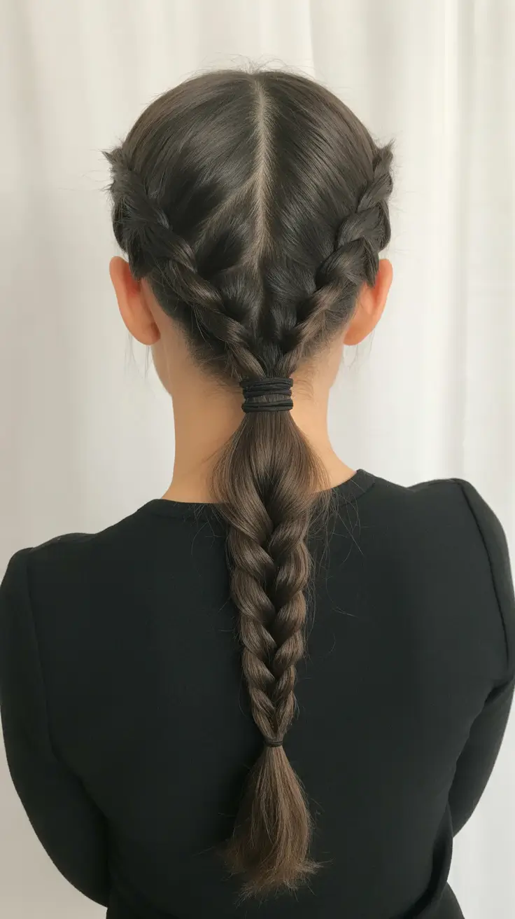 neutral spring braids hairstyle 2026 Dual Side Braids Merging into a Low Pony Plait