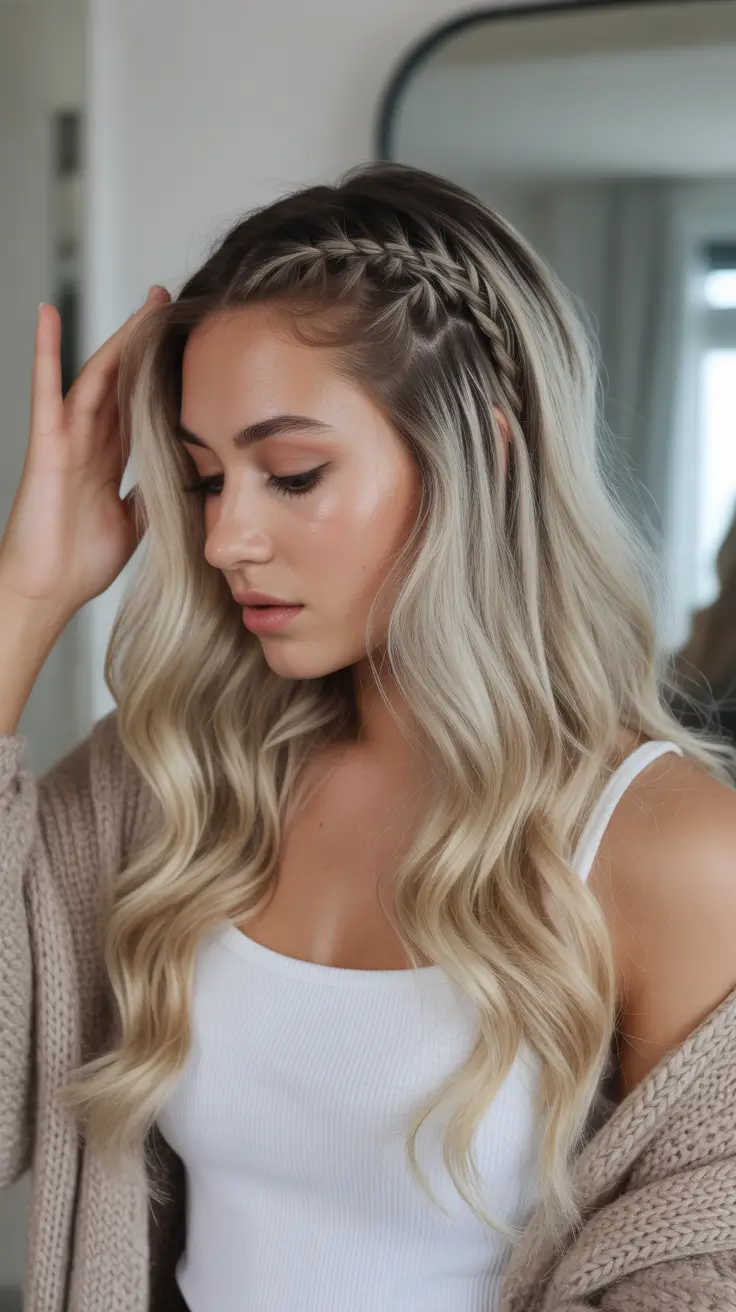 neutral spring braids hairstyle 2026 Loose Blonde Waves with Delicate Accent Braid