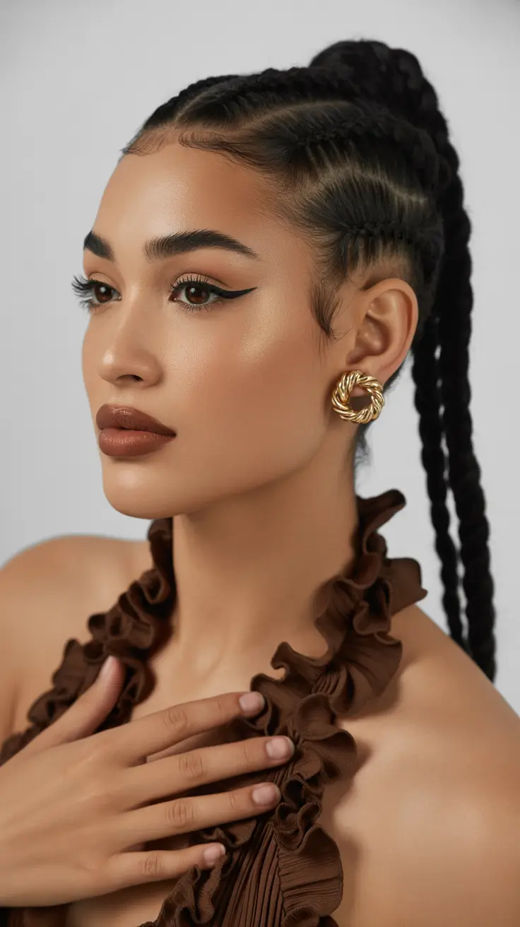 neutral spring braids hairstyle 2026 High Braided Ponytail with Sculpted Cornrow Detail