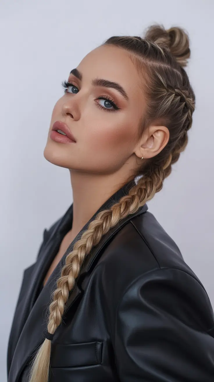 neutral spring braids hairstyle 2026 Side-Swept Dutch Braid with Braided Top Knot Detail