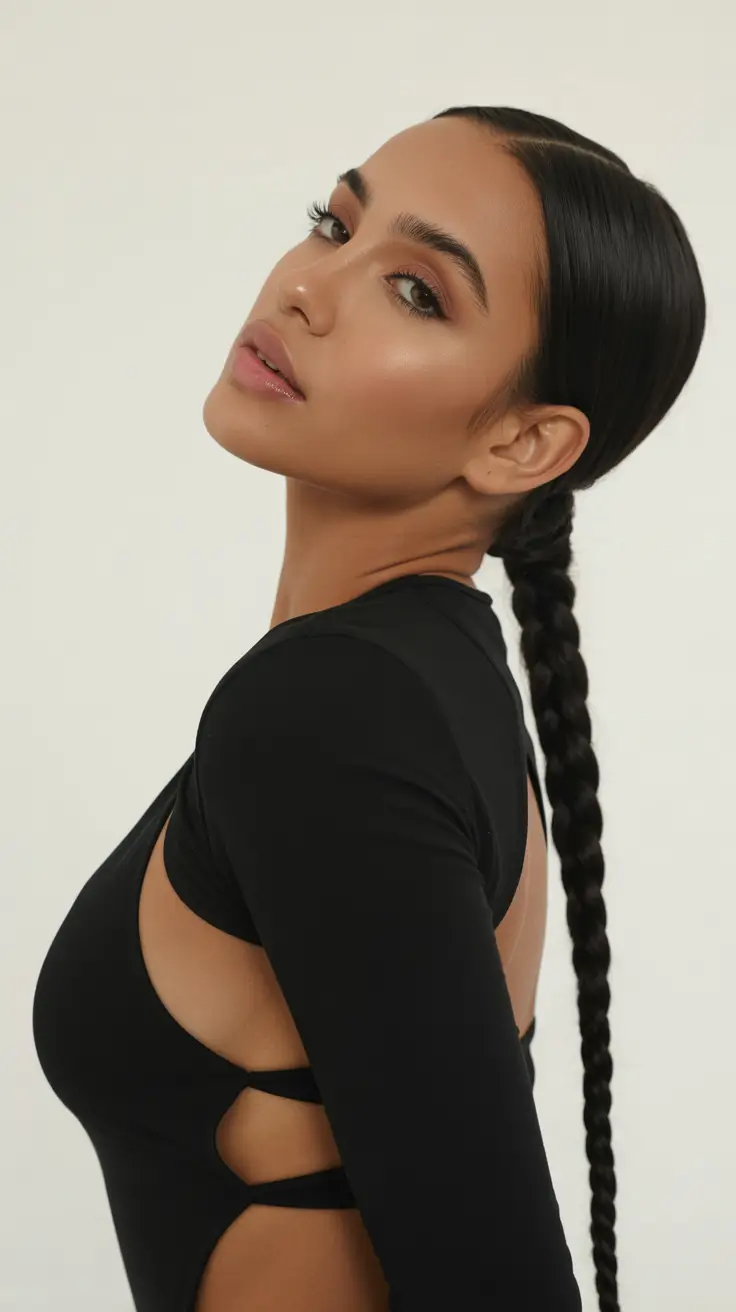 neutral spring braids hairstyle 2026 Ultra-Sleek Low Braid with Center Precision Part