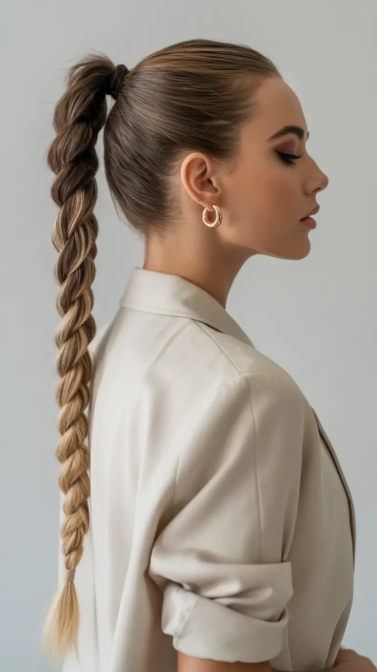 neutral spring braids hairstyle 2026 Soft Neutral Pony Braid with Dimensional Blend