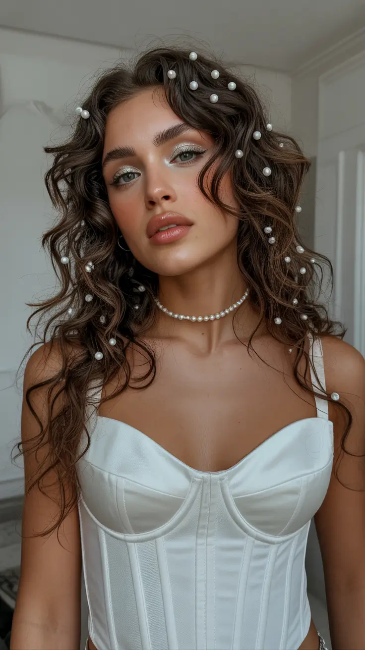 neutral spring wedding hairstyle for 2026 Pearl-Scattered Romantic Waves for a Modern Spring Bride