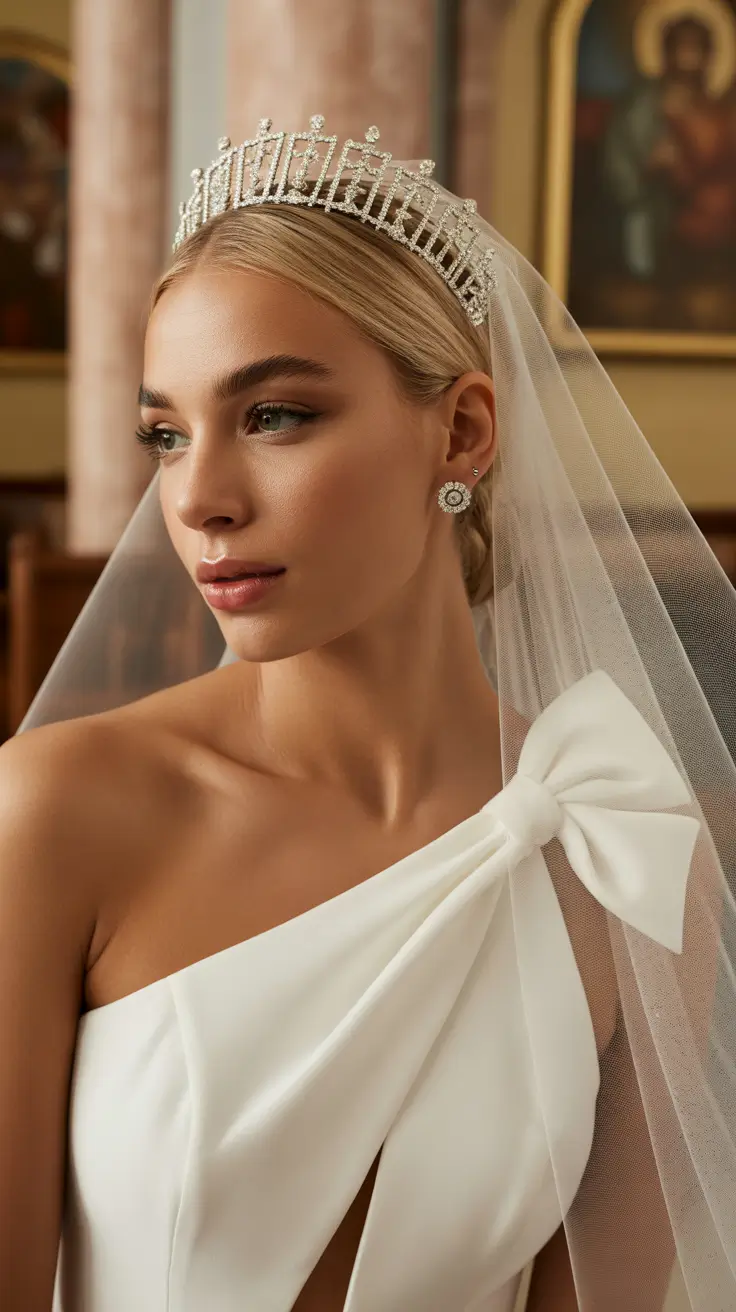 neutral spring wedding hairstyle for 2026 Royal-Inspired Sleek Bridal Hair with Tiara and Veil