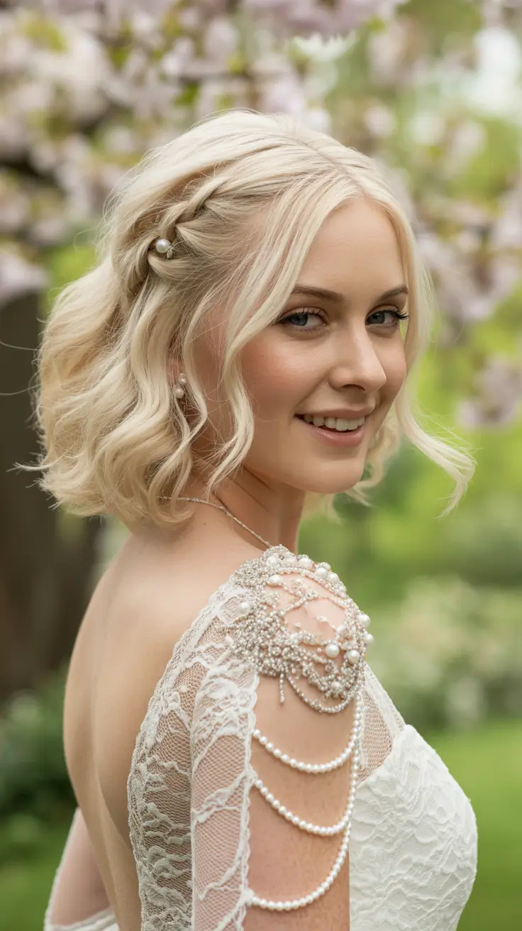 neutral spring wedding hairstyle for 2026 Soft Short Bridal Waves with Delicate Pearl Accent