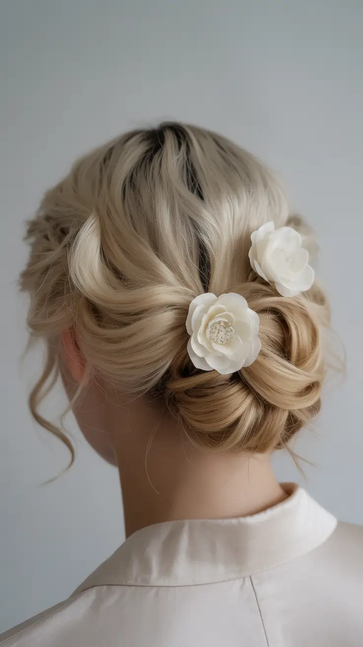 neutral spring wedding hairstyle for 2026 Romantic Floral Bridal Bun for a Spring Ceremony