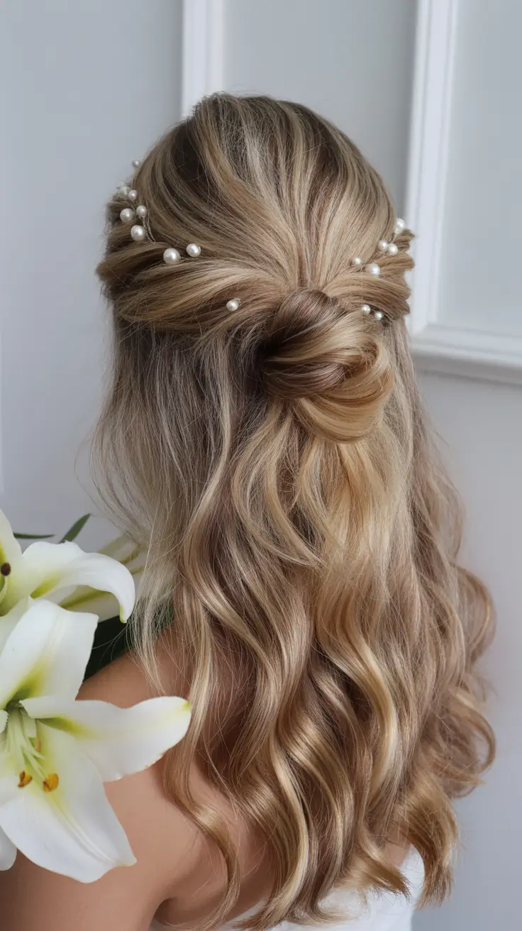 neutral spring wedding hairstyle for 2026 Romantic Half-Up Waves with Pearl Accents