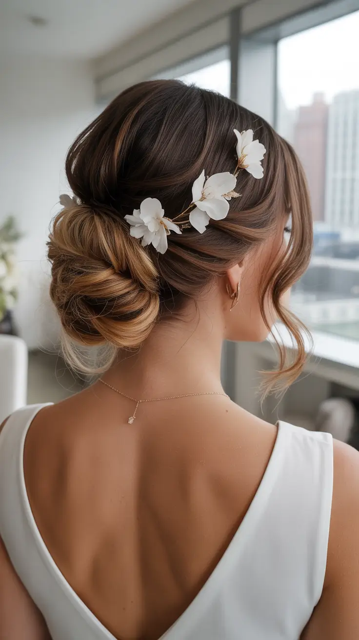 neutral spring wedding hairstyle for 2026 Soft Low Bridal Bun with Floral Hairpiece