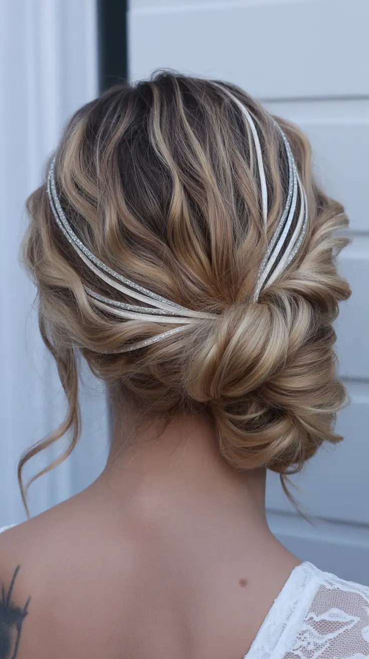 neutral spring wedding hairstyle for 2026 Elegant Twisted Low Bun with Crystal Hair Ribbons