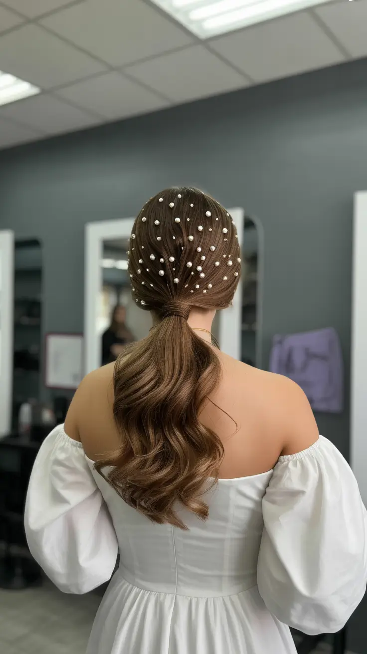 neutral spring wedding hairstyle for 2026 Soft Pearl-Adorned Low Ponytail
