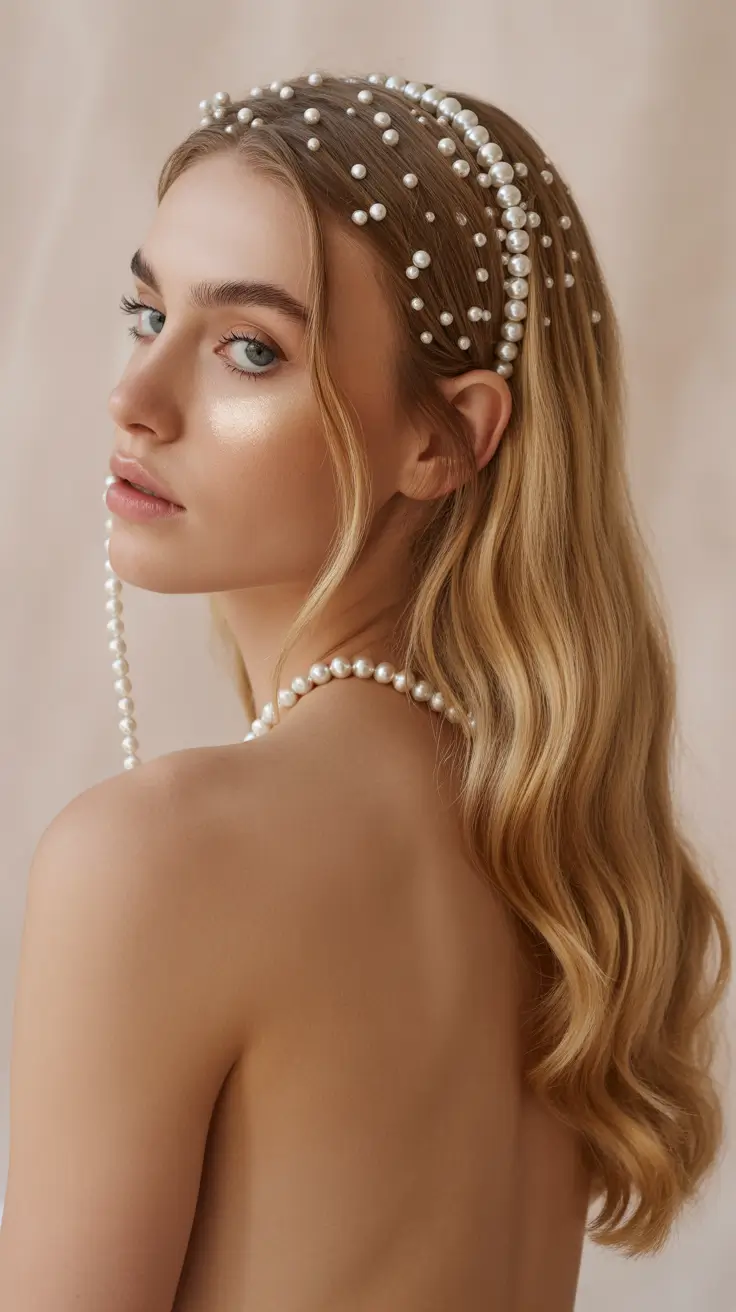 neutral spring wedding hairstyle for 2026 Soft Pearl Headband Waves for Elegant Wedding Guests