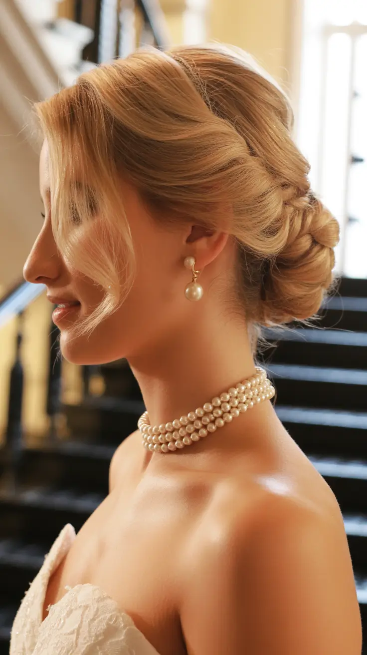 neutral spring wedding hairstyle for 2026 Classic Pearl-Inspired Low Bridal Bun