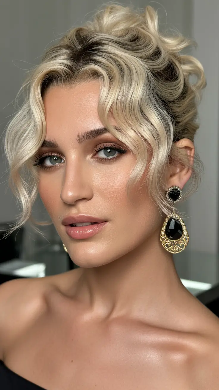 neutral spring wedding hairstyle for 2026 Soft Textured Bridal Updo with Loose Face-Framing Waves