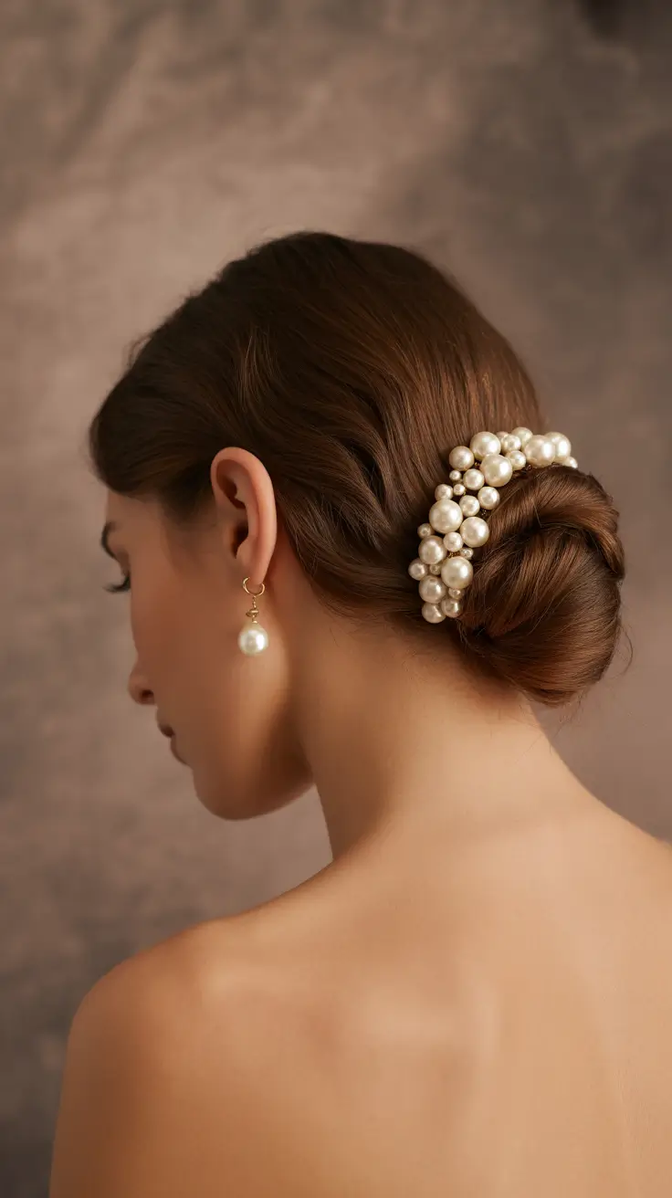 neutral spring wedding hairstyle for 2026 Classic Pearl Bridal Bun Updo