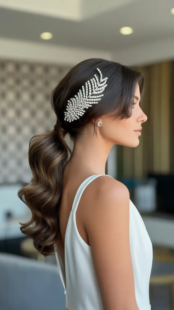 neutral spring wedding hairstyle for 2026 Crystal-Adorned Low Ponytail for Bridesmaids or Guests