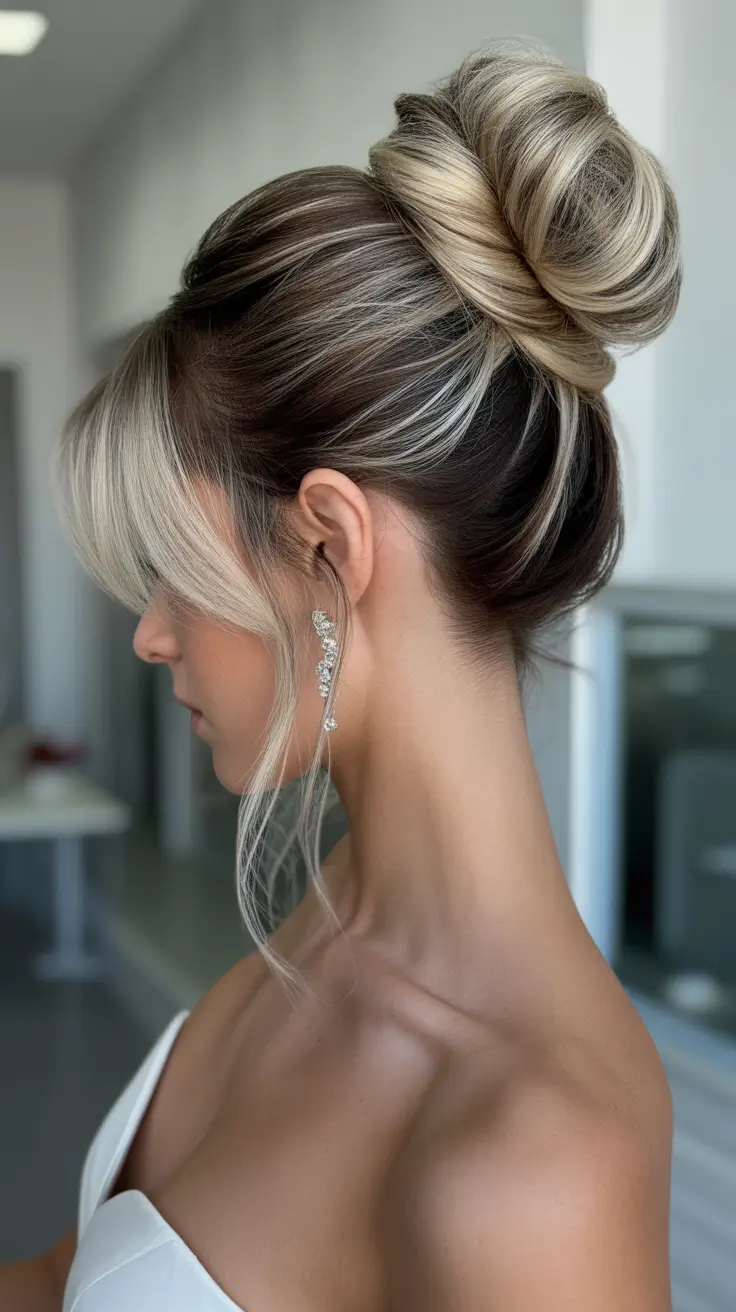 neutral spring wedding hairstyle for 2026 Elegant Sculpted Bridal Bun with Dimensional Blonde Highlights