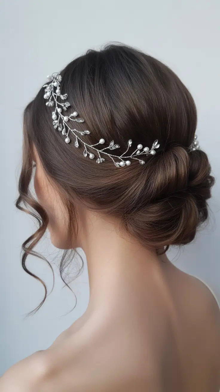 neutral spring wedding hairstyle for 2026 Soft Romantic Bridal Updo with Botanical Pearl Hair Vine