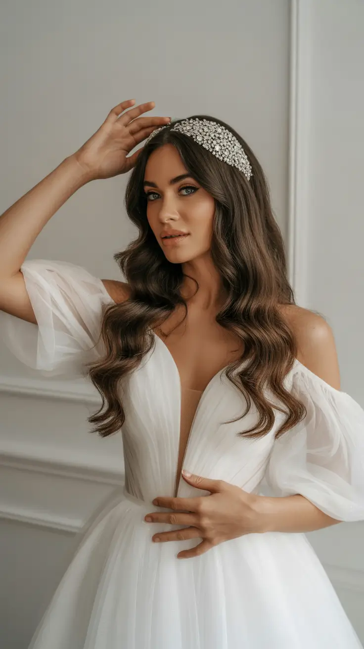 neutral spring wedding hairstyle for 2026 Glamorous Soft Waves with Statement Crystal Headband