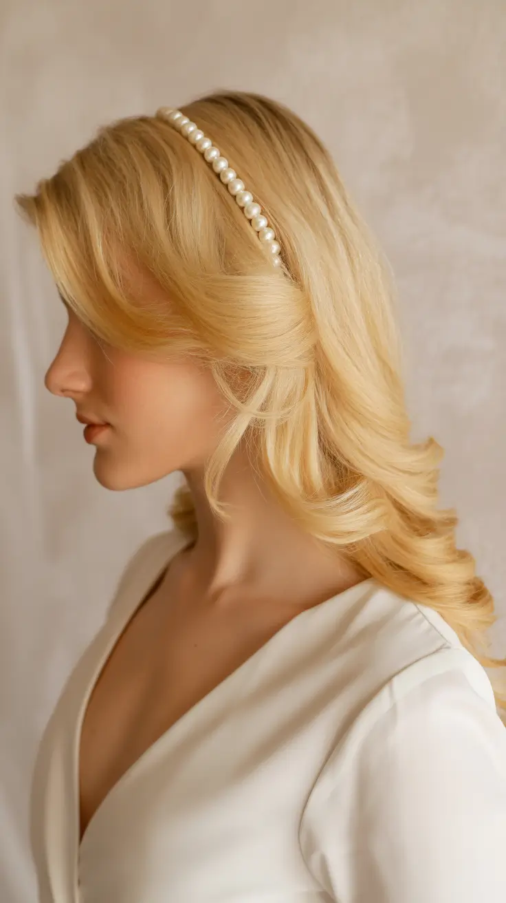 neutral spring wedding hairstyle for 2026 Classic Pearl Headband Blowout for Spring Wedding Guests