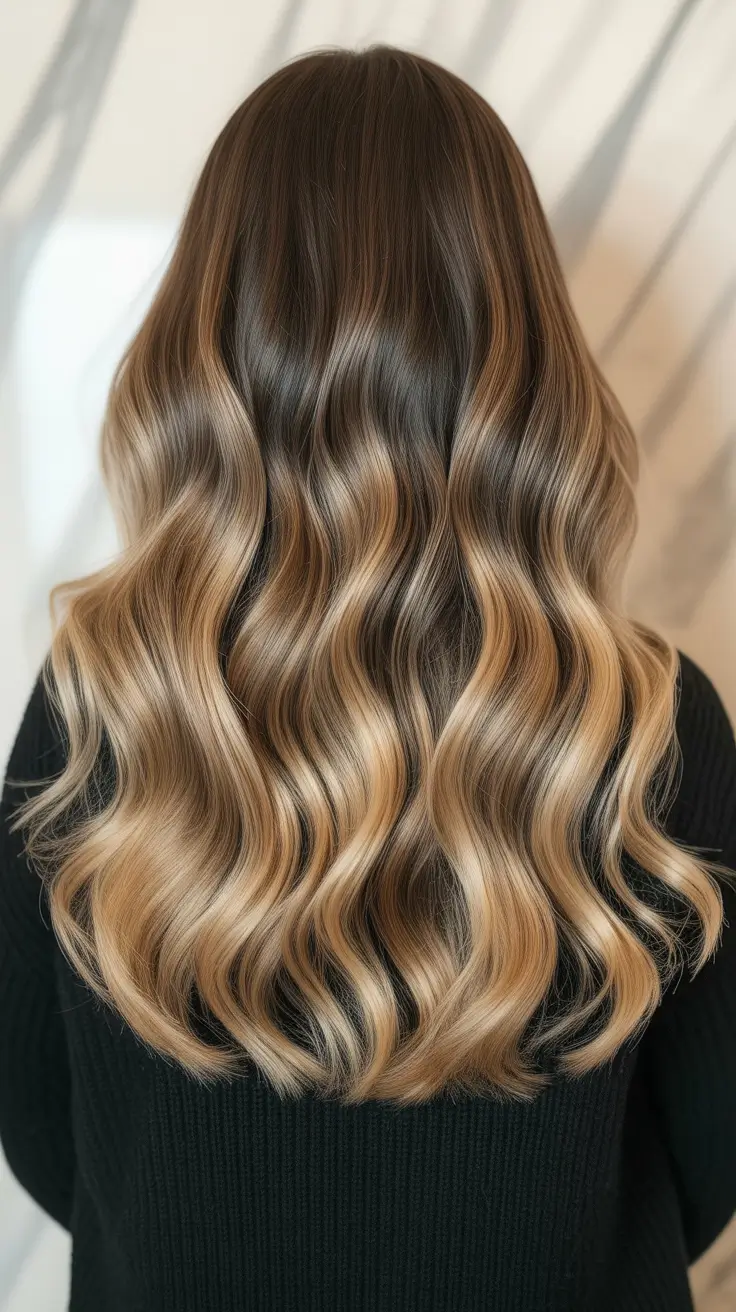 new spring balayage hair color ideas 2026 Velvety Mocha Waves with Melted Honey Dimension