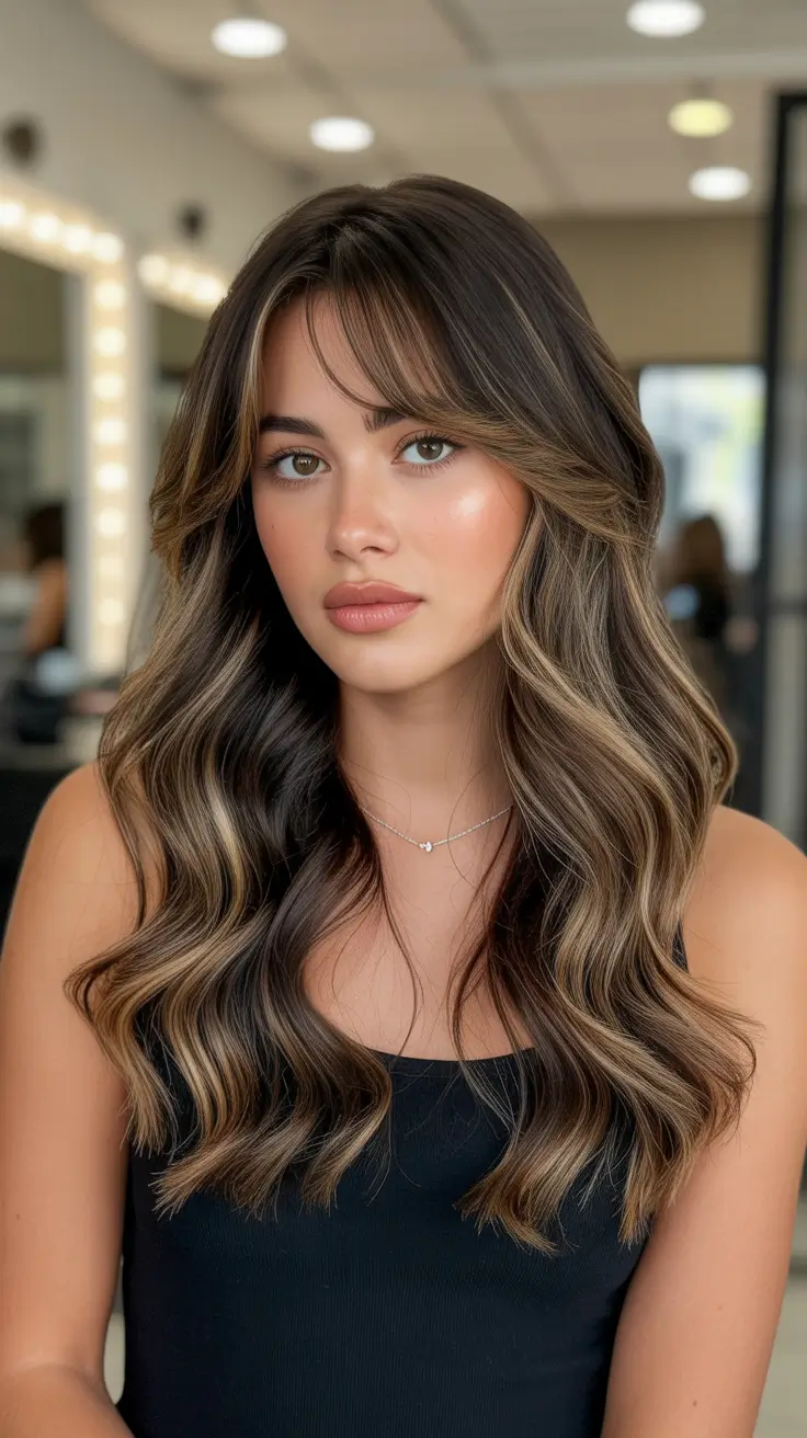 new spring balayage hair color ideas 2026 Mocha Ripple Balayage with Soft Fringe Movement