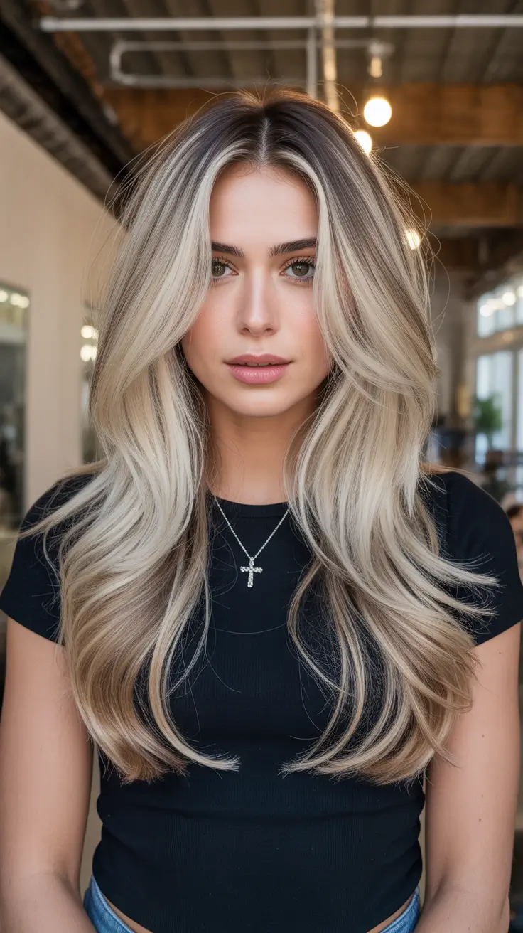new spring balayage hair color ideas 2026 Cool Champagne Dimension with Sculpted Length Layers