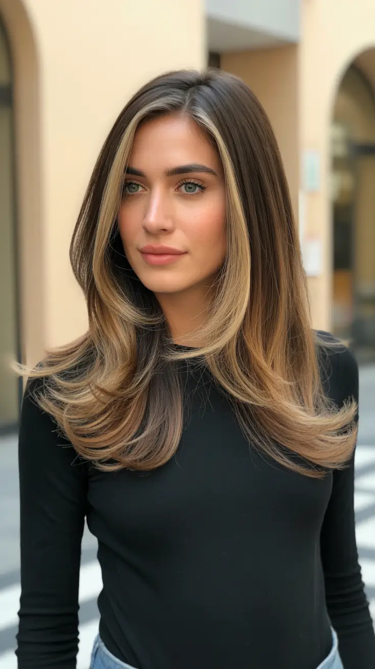 new spring balayage hair color ideas 2026 Golden Frame Balayage with Sleek Flowing Ends