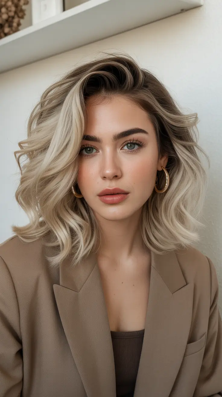 new spring balayage hair color ideas 2026 Champagne Shadow Balayage Bob with Sculpted Volume