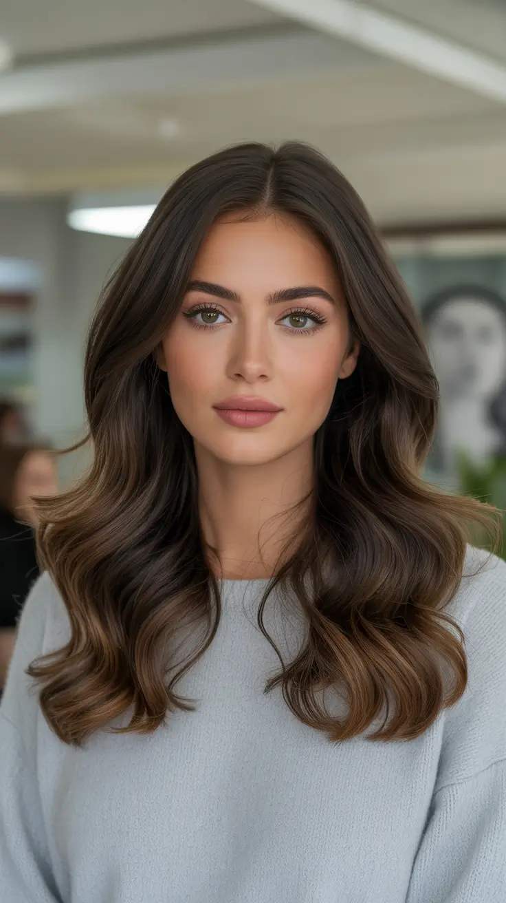 new spring balayage hair color ideas 2026 Glossy Chestnut Balayage with Softly Defined Flow