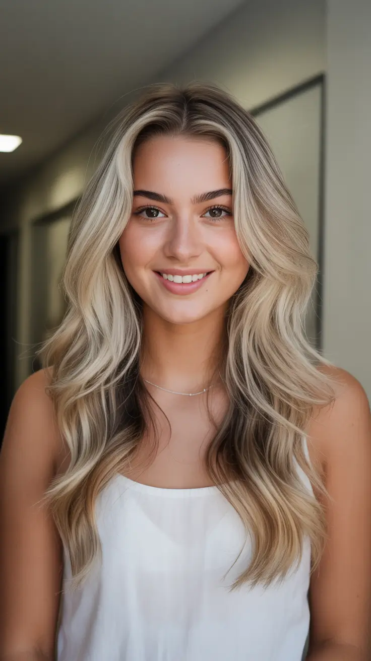 new spring balayage hair color ideas 2026 Sunlit Beige Blonde Balayage with Cascading Length