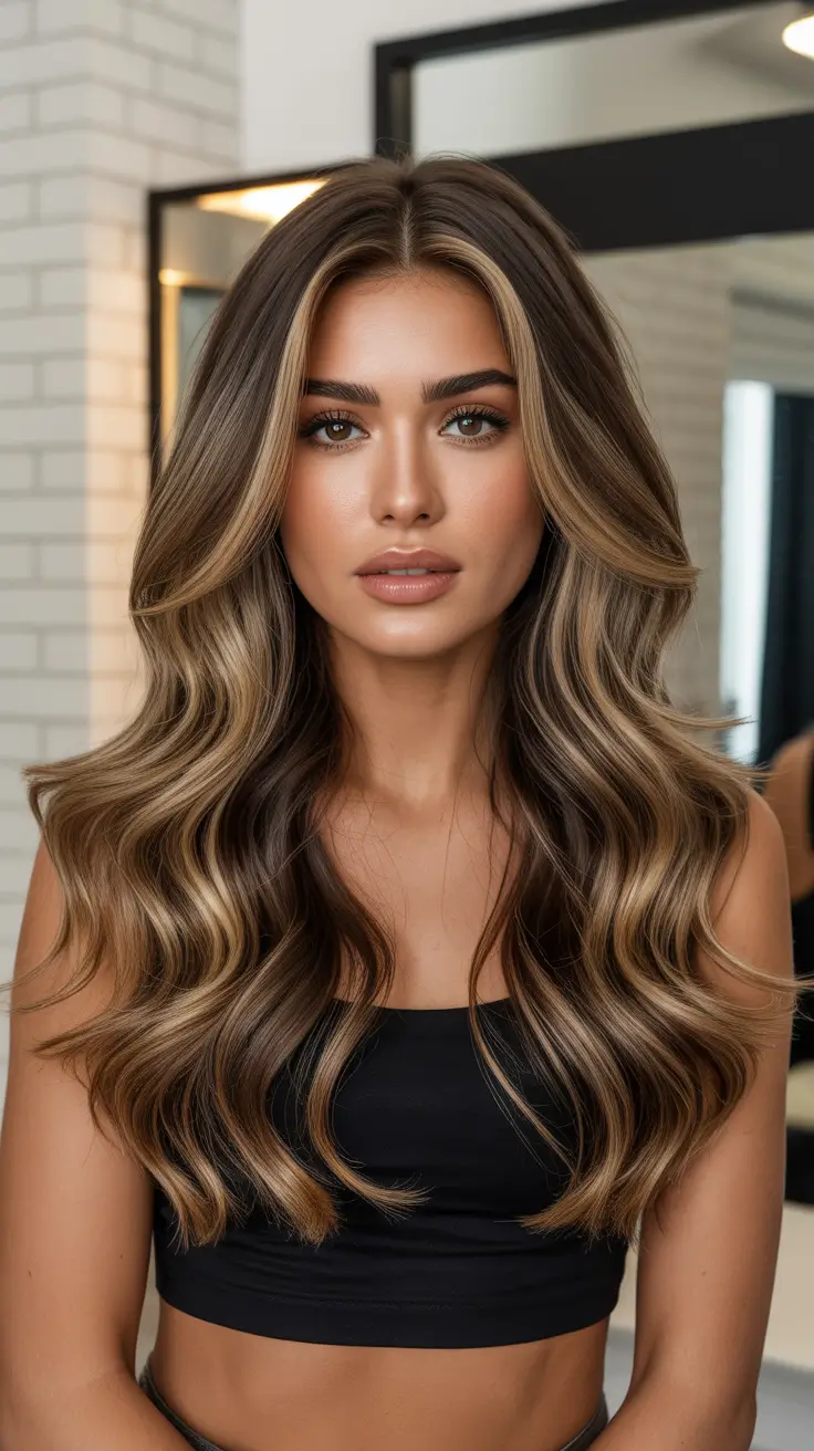 new spring balayage hair color ideas 2026 Face-Framing Caramel Contour on Glossy Chocolate Lengths